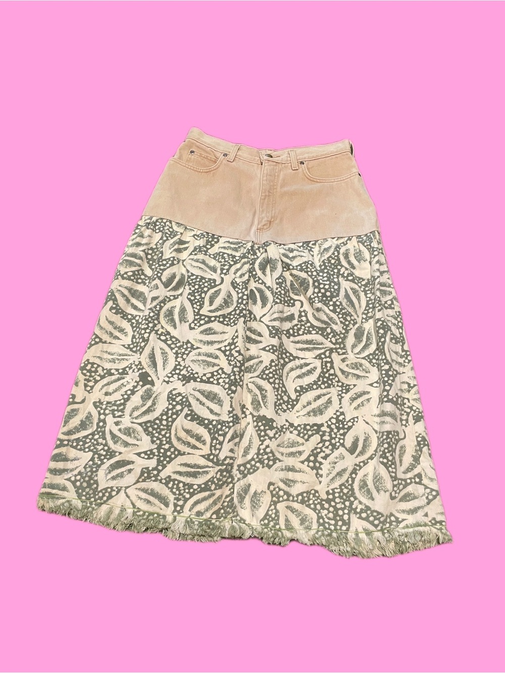 Y2K Ragged Style Maxi Skirt features a hybrid design with a beige denim